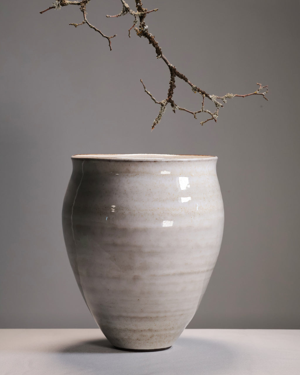 Gray ceramic vase on a gray surface with a branch above it