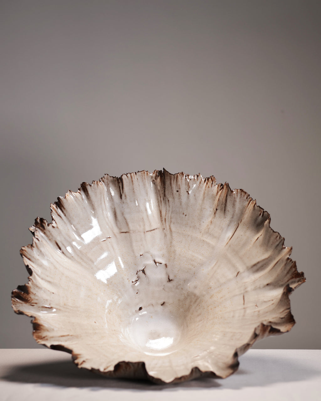 Decorative ceramic bowl with a scalloped edge on a neutral background
