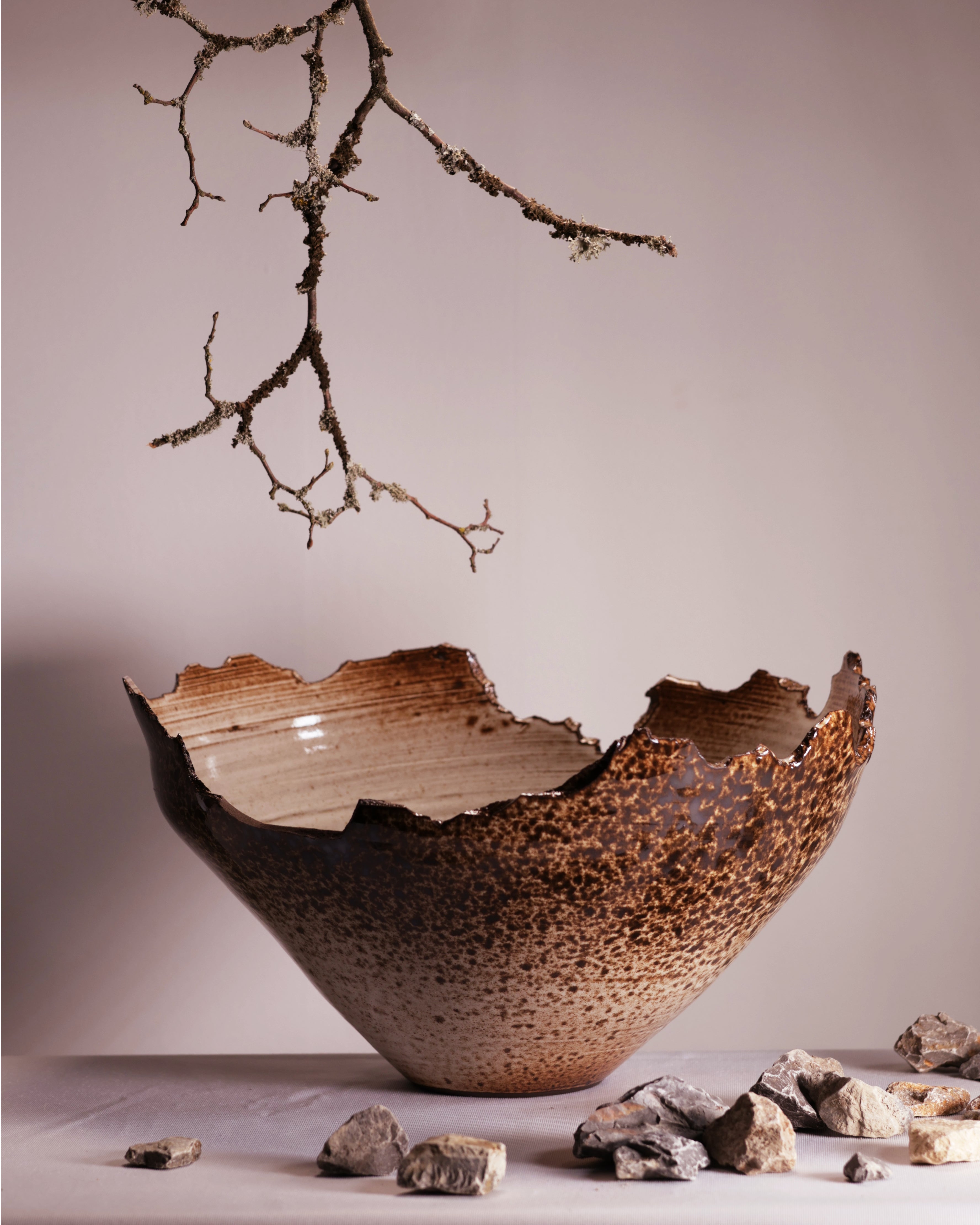 Ceramic bowl with textured surface and natural elements on a neutral background
