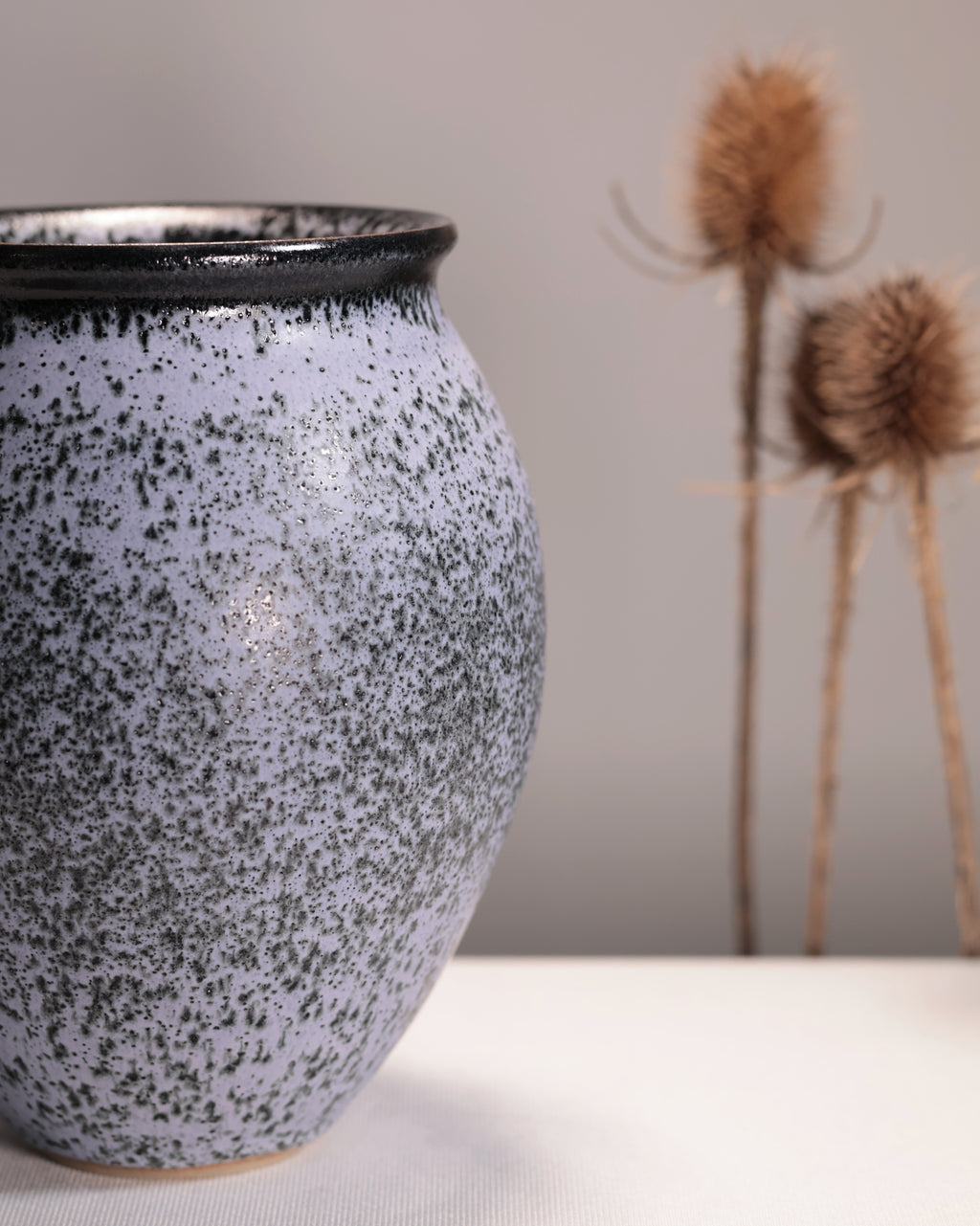 Speckled ceramic vase on a white surface with dried plants in the background